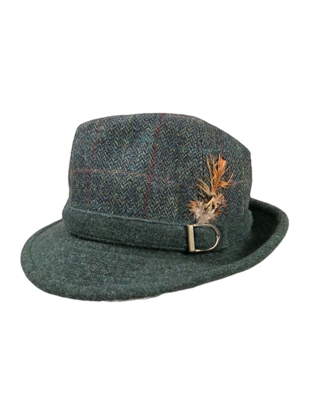 Shandon Tweed Irish Wool Walking Hat Green Herringbone Plaid L 7 3/8 Feather